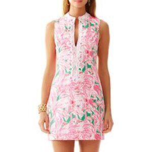 Lilly Pulitzer Alexa Shift Dress Flamingo Pink Green White Lace Size 4